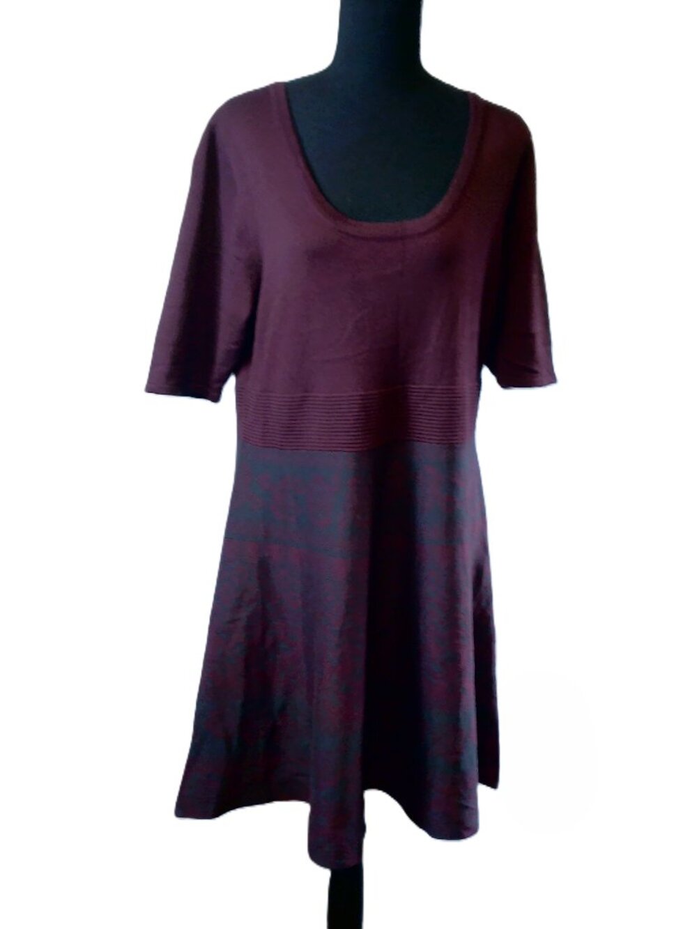 Nina Leonard Knit Scoop Neck Sweater Dress Burgundy Floral Jacquard Short Sleeve